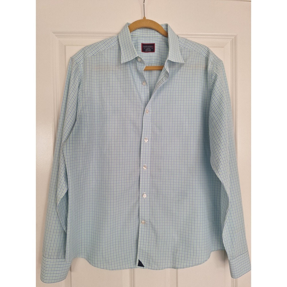 Untuckit Shirt Mens L Button Up Casual‎ Preppy Blue Green